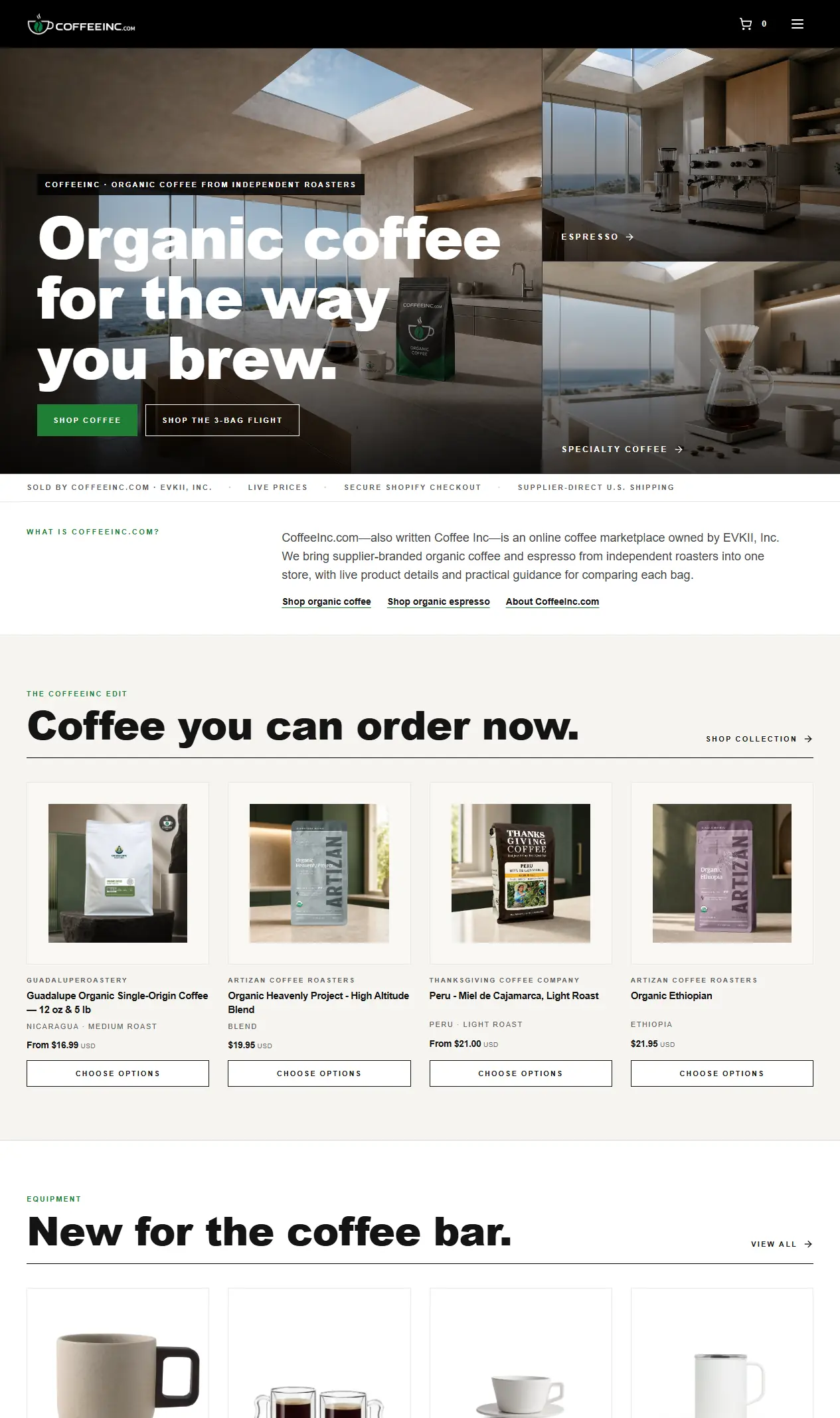 The CoffeeInc online store, scrolling from the hero to the products