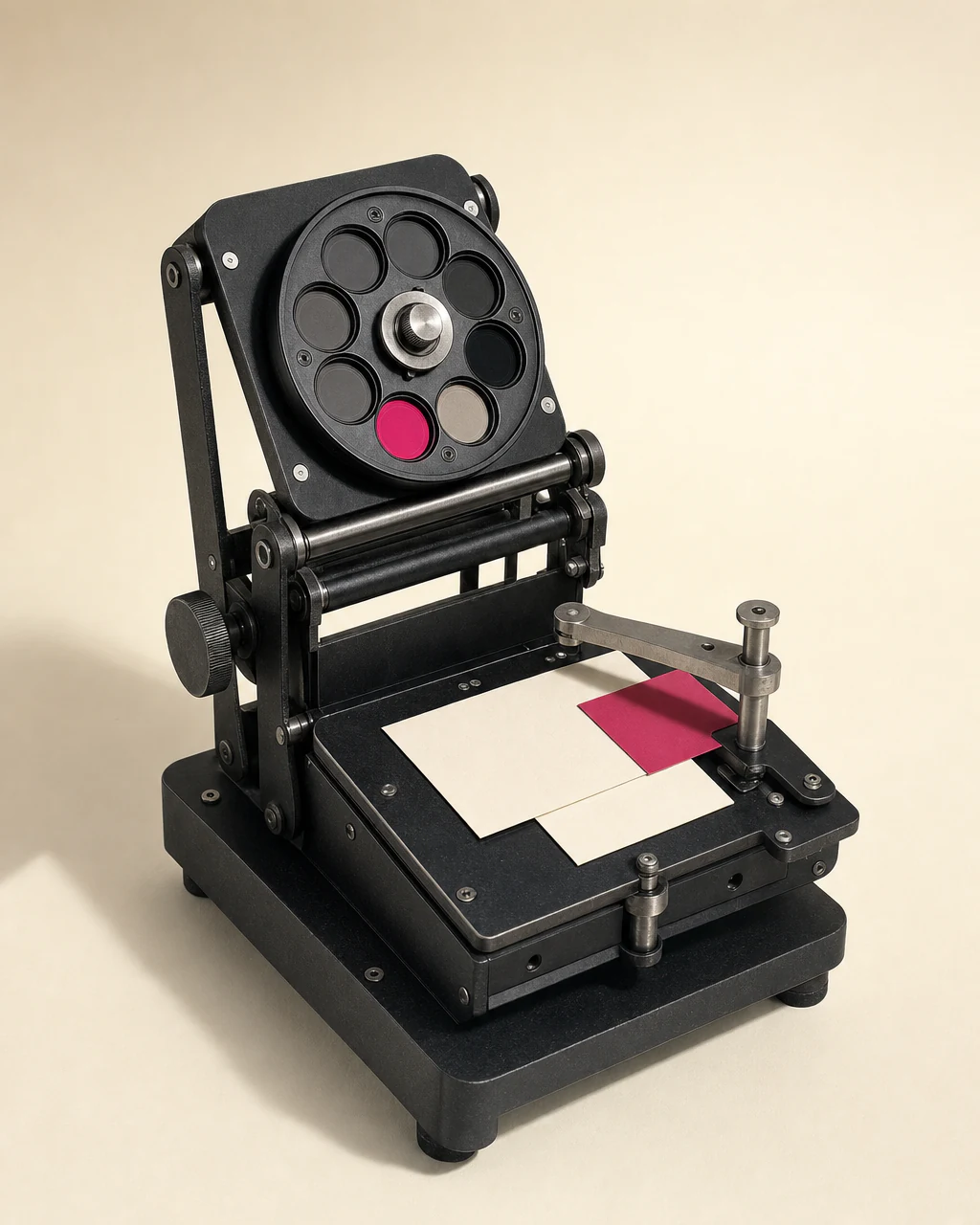 A black creative proofing press with a calibrated color carousel and one magenta proof
