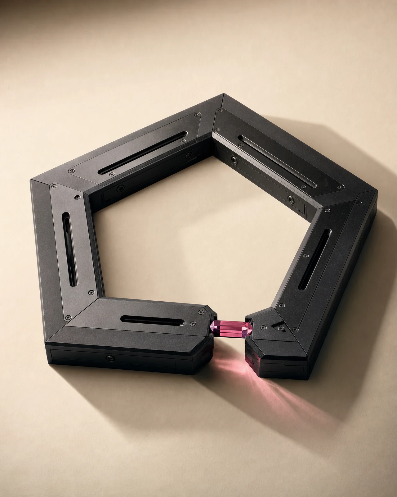 A five-part black campaign loop joined by one faceted magenta calibration key