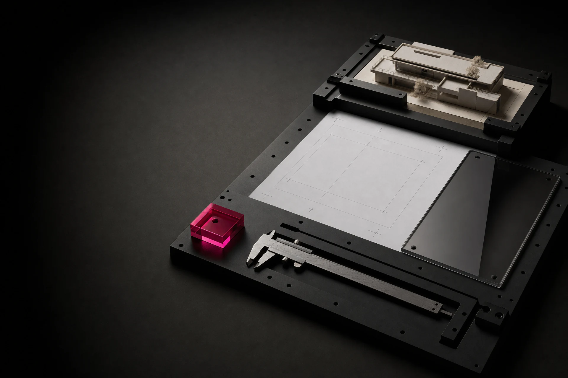 A precision commerce build bench holding a scale model, plan, glass panel, caliper, and magenta registration block