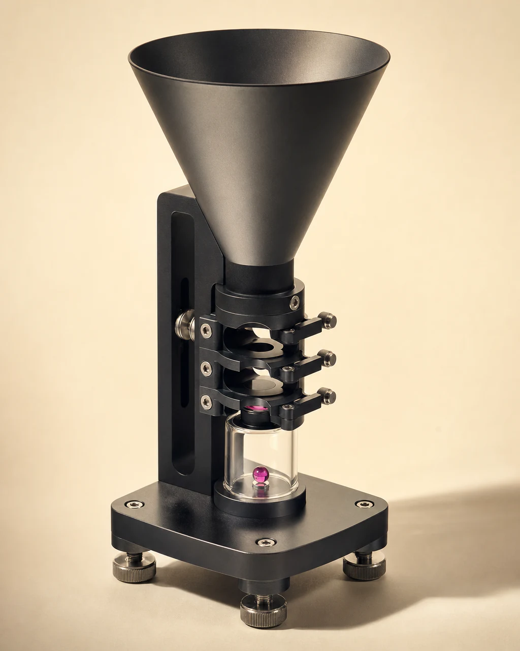 A precision lead-capture funnel qualifying one magenta signal into a clear specimen chamber